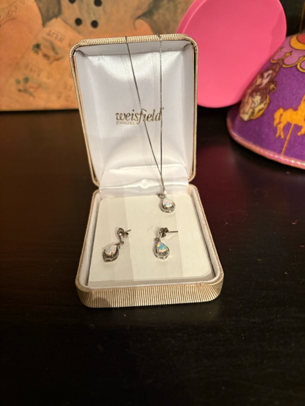 Opalescent Teardrop Necklace and Stud Earrings - Silver Tone, Pink Opal